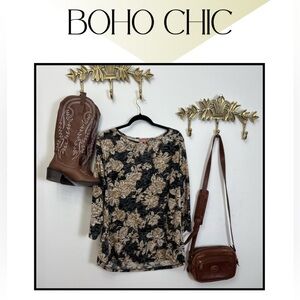 Boho chic Floral Women's Top - Black and Tan Xl